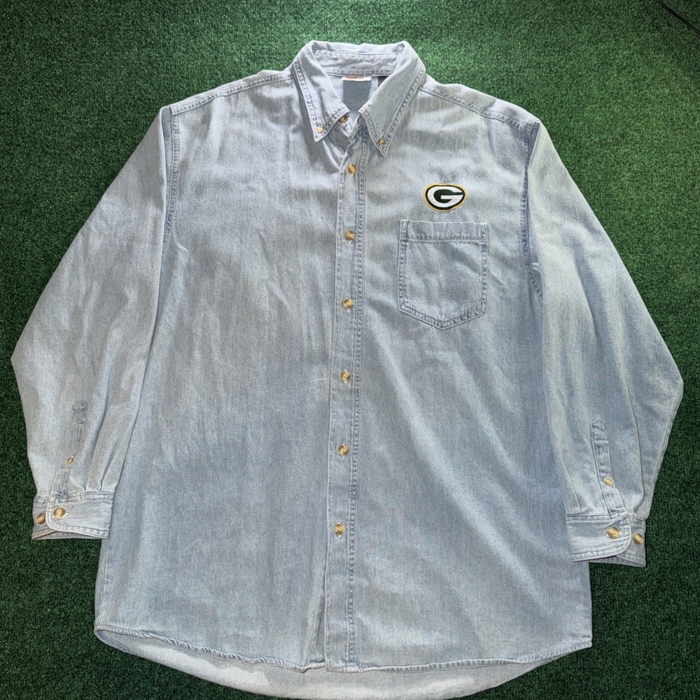 Vintage Green Bay Packers Shirt Mens Medium Blue NFL Football Denim The Edge 90s
